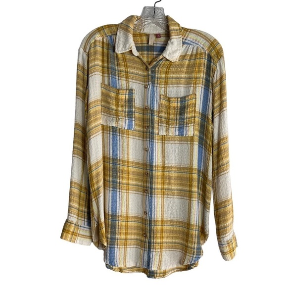 PILCRO Oversized Button Down Shirt in Yellow Plaid Size XS - Picture 5 of 9